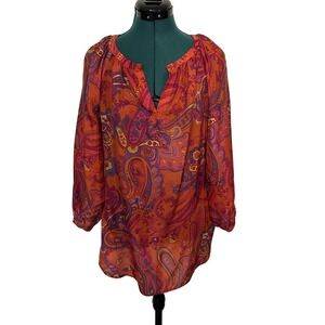 Lauren Ralph Lauren Blouse‎ Womens Small Orange Paisley Silk Tunic 3/4 Sleeve